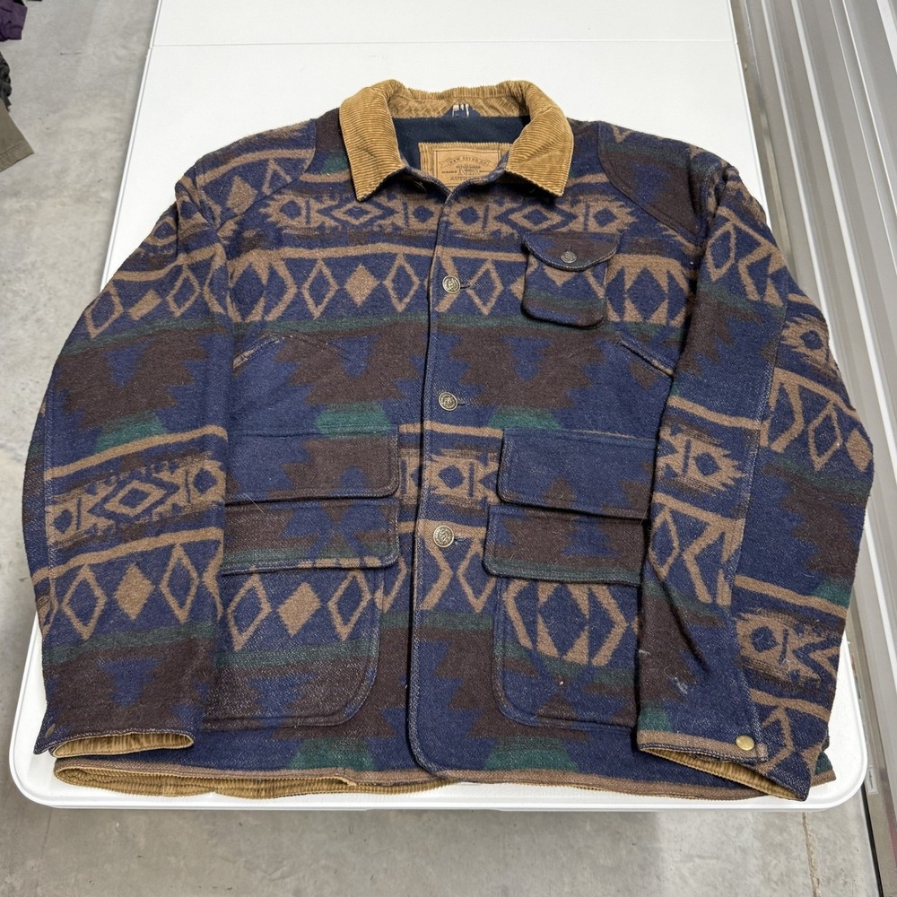 New River Co Aztec Chore Jacket Mens XL Blue Brown Excellent Wool Blend Corduroy